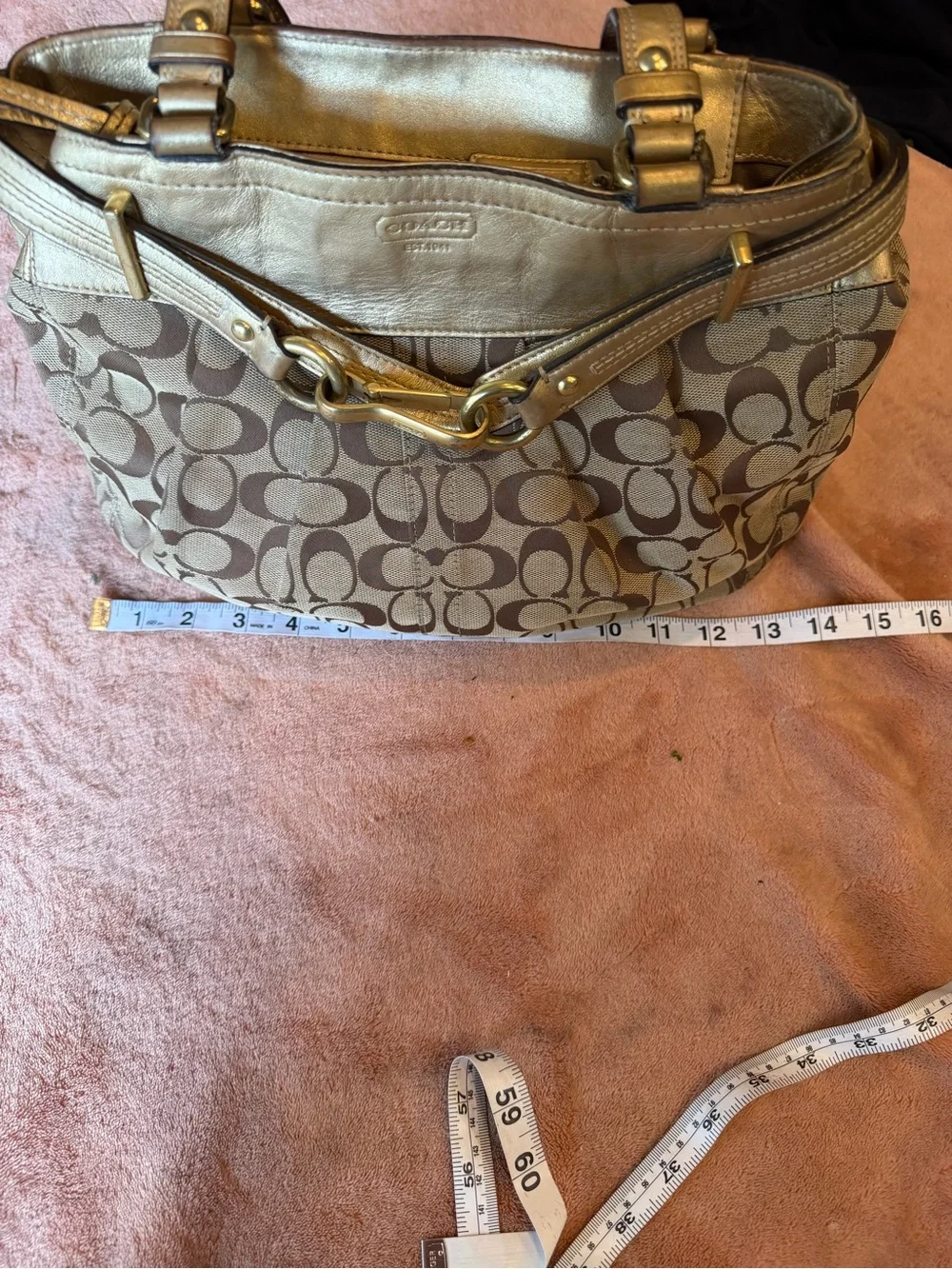 Coach Brown Signature Canvas Shoulder Bag with Metallic Trim